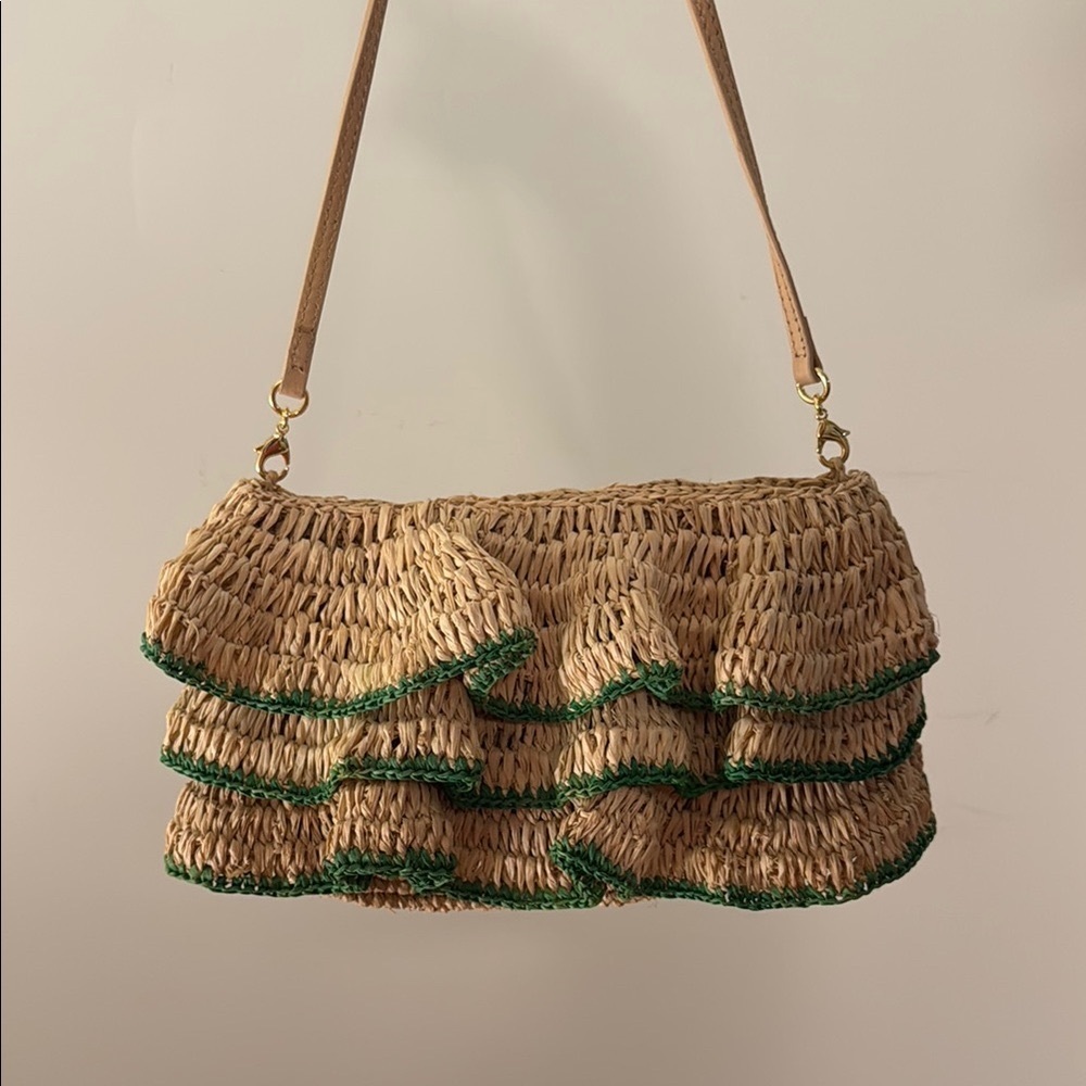 NWT Loeffler Randall Odette tan, green raffia ruffled Mini Shoulder bag/ clutch
